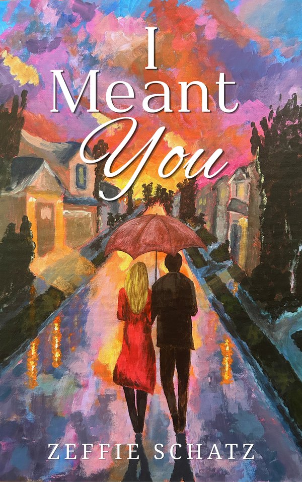 Cover of I Meant You: a couple walking under a coral umbrella down a rain-slick street at sunset
