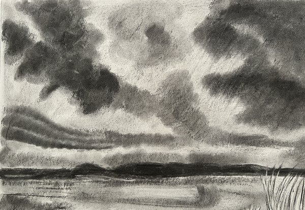 Charcoal landscape of heavy clouds over a marsh
