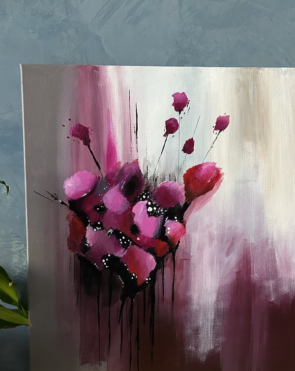 Abstract painting of magenta poppies against a soft grey and white ground